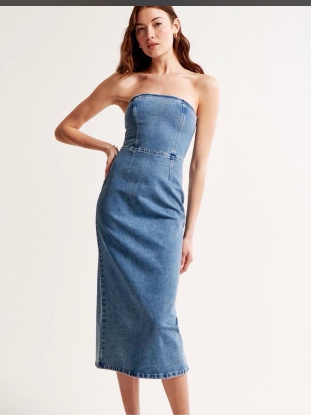 Abercrombie & Fitch Strapless Denim Midi Dress in Blue